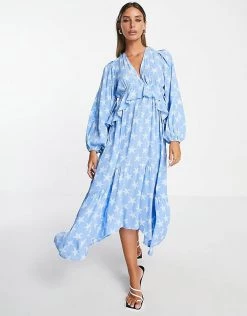 Y.A.S Tie Back Hanky Hem Midi Dress In Blue Starfish Print For Women