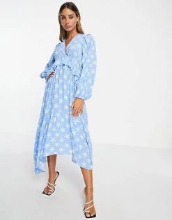 Y.A.S Tie Back Hanky Hem Midi Dress In Blue Starfish Print For Women -Women's Y.A.S Sales Shop unnamed file 103