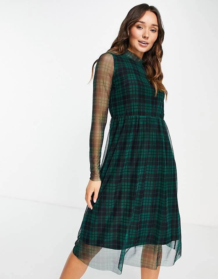Y.A.S. Juma Check Print Mesh Midi Dress In Green For Women Evergreen Aop 7 Y.A.S. Juma Check Print Mesh Midi Dress In Green For Women Evergreen Aop - Image 5