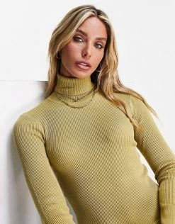 Y.A.S. Biriella High Neck Midi Knit Dress In Khaki Green For Women -Women's Y.A.S Sales Shop unnamed file 1082