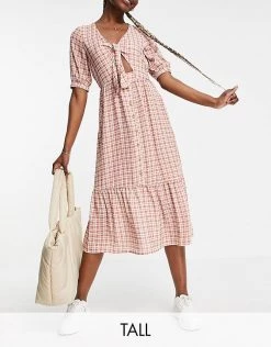 Y.A.S Tall Y.A.S. Tall Tie Front Gingham Midi Dress In Red For Women Red Check -Women's Y.A.S Sales Shop unnamed file 1099