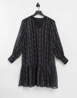 Y.A.S Chiffon Smock Dress With Drop Hem In Mixed Floral And Stripe For Women Black Multi -Women's Y.A.S Sales Shop unnamed file 1134
