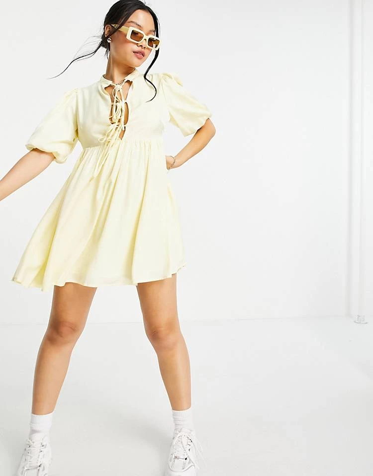 Y.A.S Petite Y.A.S. Petite Tie Front Mini Smock Dress In Black For Women Lemon 6 Y.A.S Petite Y.A.S. Petite Tie Front Mini Smock Dress In Black For Women Lemon - Image 4