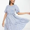 Y.A.S Broderie Scoop Neck Tiered Mini Dress In Blue Check For Women Light Blue