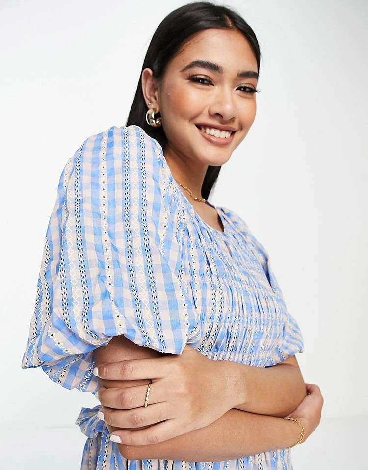 Y.A.S Broderie Scoop Neck Tiered Mini Dress In Blue Check For Women Light Blue 4 Y.A.S Broderie Scoop Neck Tiered Mini Dress In Blue Check For Women Light Blue - Image 2