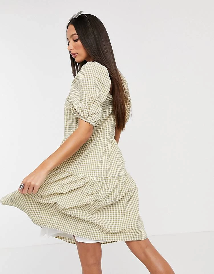 Y.A.S Tall Y.A.S. Tall Gingham Puff Sleeve Mini Smock Dress In Sage For Women 4 Y.A.S Tall Y.A.S. Tall Gingham Puff Sleeve Mini Smock Dress In Sage For Women - Image 2