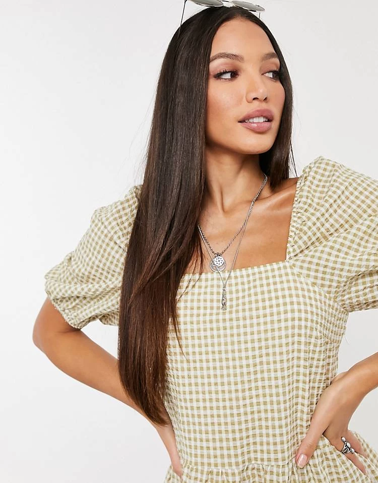 Y.A.S Tall Y.A.S. Tall Gingham Puff Sleeve Mini Smock Dress In Sage For Women 5 Y.A.S Tall Y.A.S. Tall Gingham Puff Sleeve Mini Smock Dress In Sage For Women - Image 3