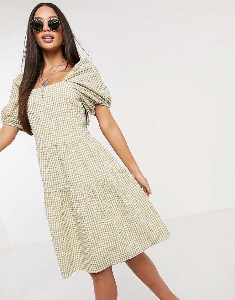 Y.A.S Tall Y.A.S. Tall Gingham Puff Sleeve Mini Smock Dress In Sage For Women 6 Y.A.S Tall Y.A.S. Tall Gingham Puff Sleeve Mini Smock Dress In Sage For Women - Image 4
