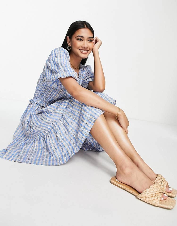 Y.A.S Broderie Scoop Neck Tiered Mini Dress In Blue Check For Women Light Blue 5 Y.A.S Broderie Scoop Neck Tiered Mini Dress In Blue Check For Women Light Blue - Image 3