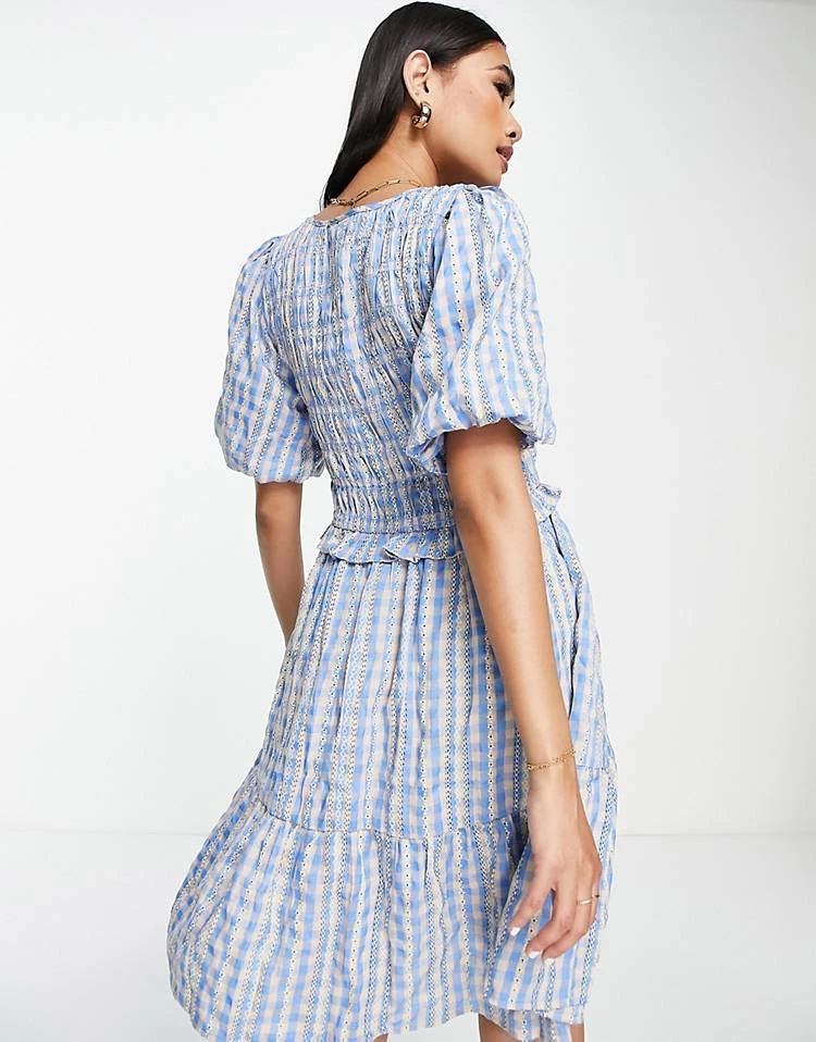 Y.A.S Broderie Scoop Neck Tiered Mini Dress In Blue Check For Women Light Blue 6 Y.A.S Broderie Scoop Neck Tiered Mini Dress In Blue Check For Women Light Blue - Image 4