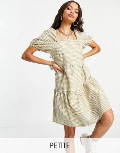 Y.A.S Petite Y.A.S. Petite Gingham Puff Sleeve Mini Smock Dress In Sage For Women