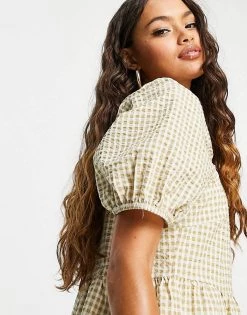 Y.A.S Petite Y.A.S. Petite Gingham Puff Sleeve Mini Smock Dress In Sage For Women -Women's Y.A.S Sales Shop unnamed file 1192