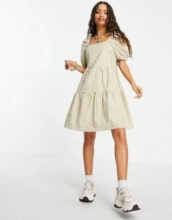 Y.A.S Petite Y.A.S. Petite Gingham Puff Sleeve Mini Smock Dress In Sage For Women -Women's Y.A.S Sales Shop unnamed file 1193
