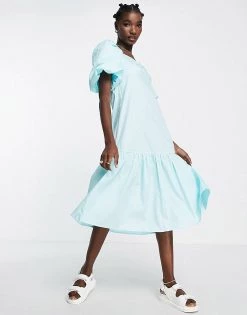 Y.A.S Exclusive Cotton Poplin Midi Dress With Ruched Bust Detail In Blue For Women Island Paradise