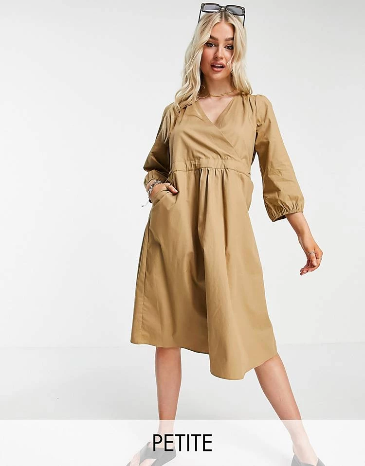 Y.A.S Petite Y.A.S. Petite Wrap Midi Smock Dress In Tan For Women 3 Y.A.S Petite Y.A.S. Petite Wrap Midi Smock Dress In Tan For Women