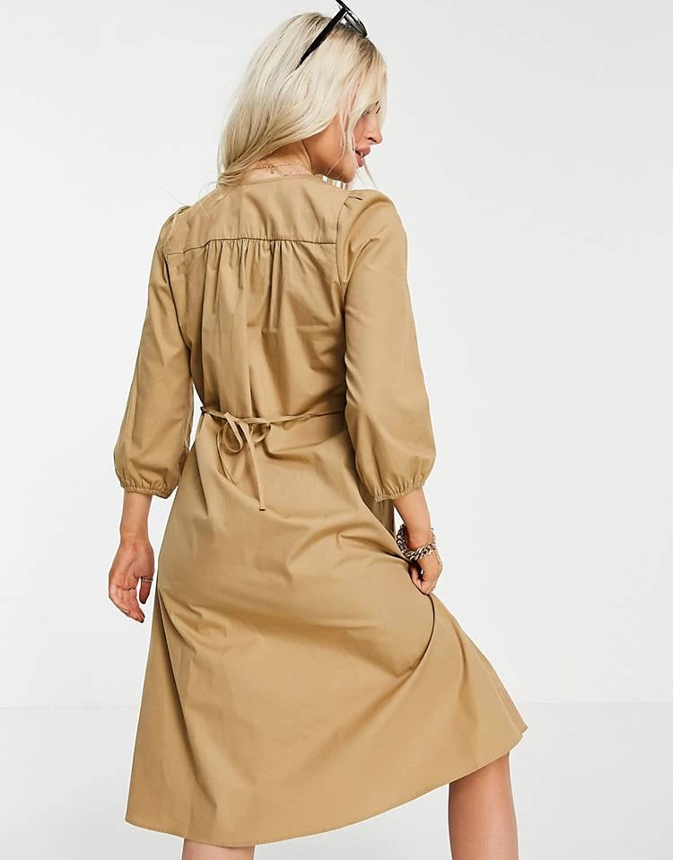 Y.A.S Petite Y.A.S. Petite Wrap Midi Smock Dress In Tan For Women 4 Y.A.S Petite Y.A.S. Petite Wrap Midi Smock Dress In Tan For Women - Image 2