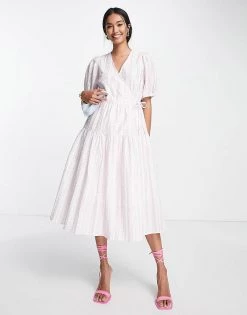 Y.A.S Puff Sleeve Wrap Midi Dress In Pink & White Stripe For Women