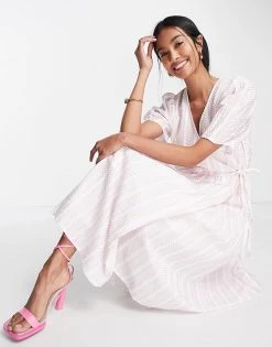Y.A.S Puff Sleeve Wrap Midi Dress In Pink & White Stripe For Women -Women's Y.A.S Sales Shop unnamed file 138
