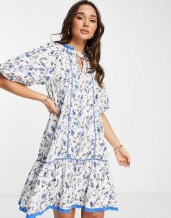 Y.A.S Organic Cotton Broderie Smock Mini Dress In Blue Floral For Women Mid Blue -Women's Y.A.S Sales Shop unnamed file 143
