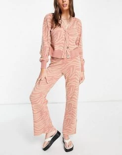 Y.A.S Knitted Cardigan & Wide Leg Trousers Co-ord In Pink And White