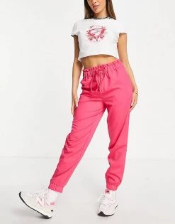 Y.A.S Bea Tie Waist Tapered Trousers In Bright Pink For Women Cotton Candy