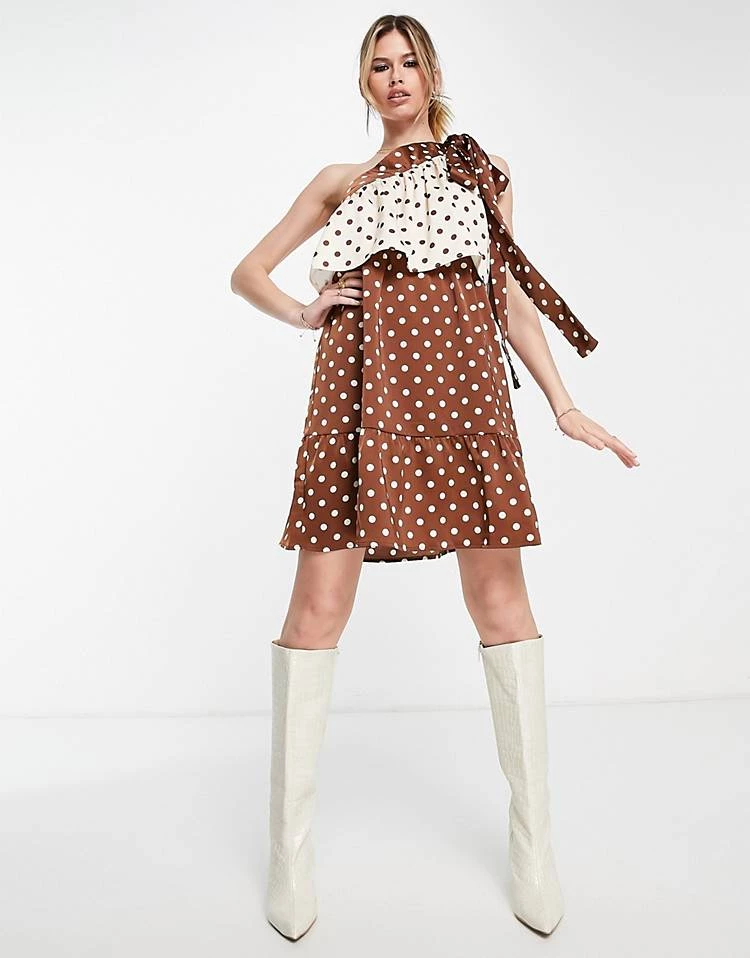 Y.A.S Recycle Blend One Shoulder Mini Dress In Chocolate Polka Dot For Women Chocolate Spot 3 Y.A.S Recycle Blend One Shoulder Mini Dress In Chocolate Polka Dot For Women Chocolate Spot