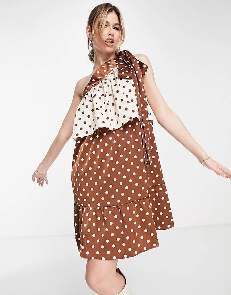 Y.A.S Recycle Blend One Shoulder Mini Dress In Chocolate Polka Dot For Women Chocolate Spot 6 Y.A.S Recycle Blend One Shoulder Mini Dress In Chocolate Polka Dot For Women Chocolate Spot - Image 4