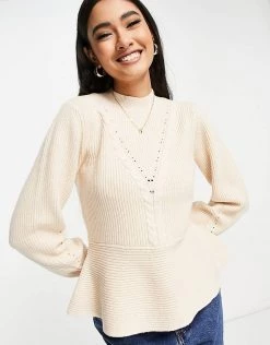 Y.A.S Fitted Jumper With Peplum Detail In Beige For Women