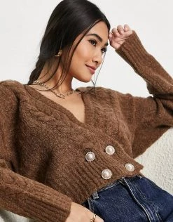 Y.A.S Double Breasted Cardigan In Chocolate For Women