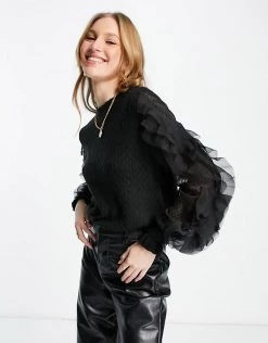 Y.A.S Frill Sleeve Jumper In Black For Women -Women's Y.A.S Sales Shop unnamed file 1557