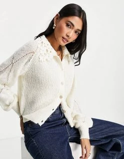 Y.A.S Lace Collar Detail Cardigan In Cream For Women