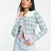 Y.A.S Collar Detail Cardigan In Lilac And Green Checkerboard For Women Lilac Checkerboard