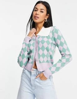 Y.A.S Collar Detail Cardigan In Lilac And Green Checkerboard For Women Lilac Checkerboard
