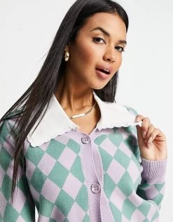 Y.A.S Collar Detail Cardigan In Lilac And Green Checkerboard For Women Lilac Checkerboard -Women's Y.A.S Sales Shop unnamed file 1591