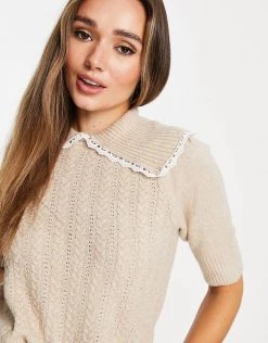 Y.A.S Short Sleeve Jumper With Collar Detail In Beige For Women