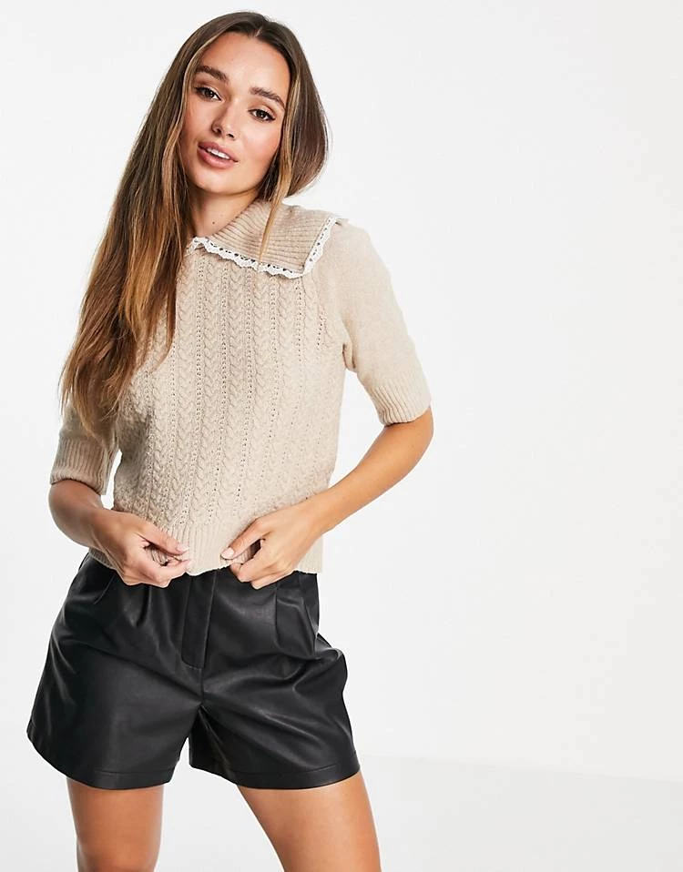 Y.A.S Short Sleeve Jumper With Collar Detail In Beige For Women 5 Y.A.S Short Sleeve Jumper With Collar Detail In Beige For Women - Image 3