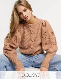 Y.A.S Embroidered Volume Sleeve Cardigan In Camel For Women