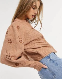 Y.A.S Embroidered Volume Sleeve Cardigan In Camel For Women -Women's Y.A.S Sales Shop unnamed file 1625