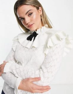 Y.A.S Frill Neck Jumper With Tie In Cream For Women