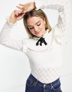 Y.A.S Frill Neck Jumper With Tie In Cream For Women -Women's Y.A.S Sales Shop unnamed file 1650