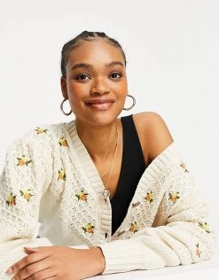 Y.A.S Knitted Cardigan With Floral Embroidery In Cream For Women