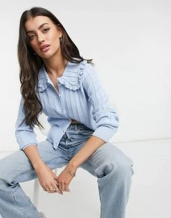 Y.A.S Ribbed Cardigan With Frilly Prairie Collar In Blue For Women