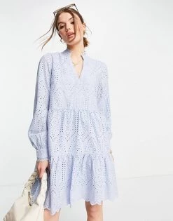 Y.A.S High Neck Broderie Mini Dress In Pale Blue For Women