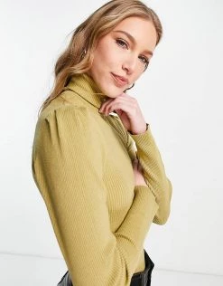 Y.A.S. Timma High Neck Puff Sleeve Jumper In Green For Women Khaki -Women's Y.A.S Sales Shop unnamed file 1754