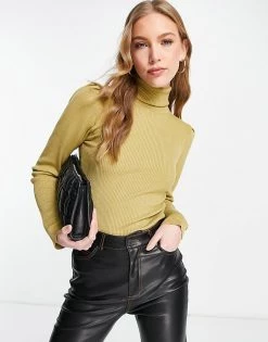 Y.A.S. Timma High Neck Puff Sleeve Jumper In Green For Women Khaki -Women's Y.A.S Sales Shop unnamed file 1756