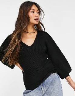 Y.A.S. Veneda Volume Sleeve V Neck Jumper In Black For Women Black Melange