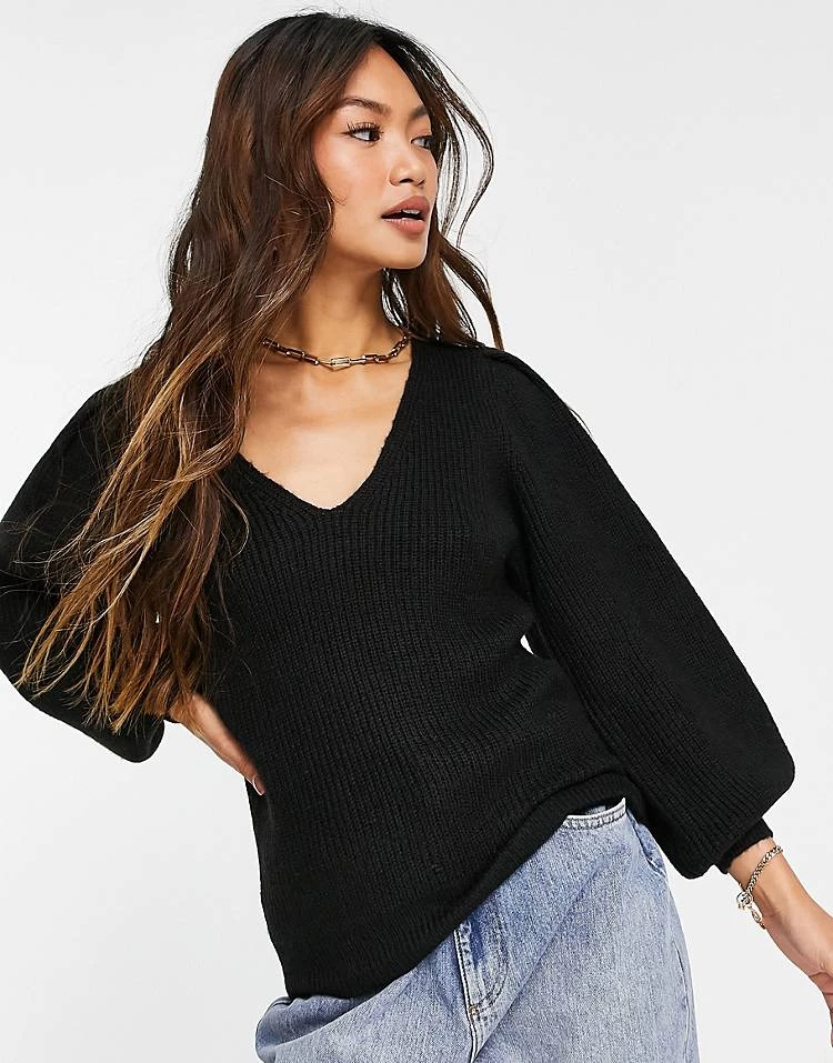 Y.A.S. Veneda Volume Sleeve V Neck Jumper In Black For Women Black Melange 7 Y.A.S. Veneda Volume Sleeve V Neck Jumper In Black For Women Black Melange - Image 5
