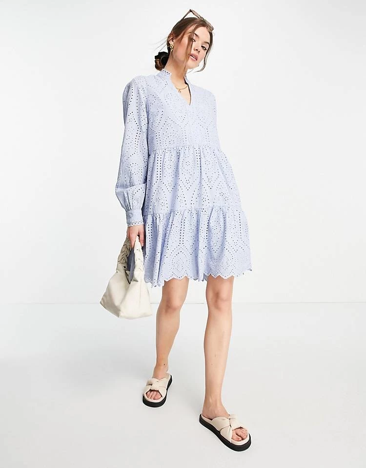 Y.A.S High Neck Broderie Mini Dress In Pale Blue For Women 6 Y.A.S High Neck Broderie Mini Dress In Pale Blue For Women - Image 4
