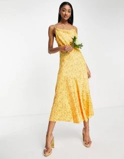 Y.A.S Bridesmaid Cowl Neck Slip Midi Dress In Orange Floral For Women