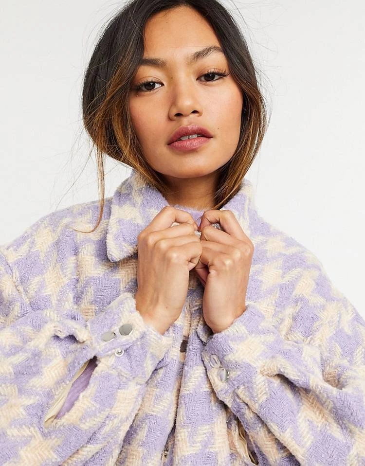 Y.A.S Oversized Shacket With Popper Front In Pastel Lilac Houndstooth For Women 5 Y.A.S Oversized Shacket With Popper Front In Pastel Lilac Houndstooth For Women - Image 3